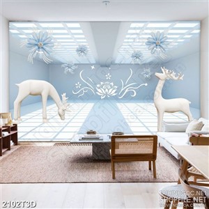 Tranh 3d dán tường bông hoa cúc xanh bên đàn huơu nhỏ