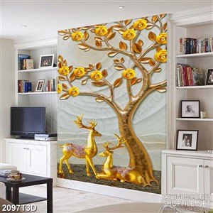 Tranh 3d treo tường đôi hươu vàng bên cây hoa dáp vàng