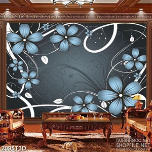 Tranh 3d dán tường những bông hoa màu xanh khoe sắc