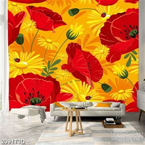 Tranh 3d dán tường cánh đồng hoa đỏ rực rỡ khoe sắc