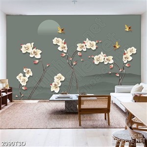Tranh 3d nghệ thuật nhành hoa trắng bên đàn chim non