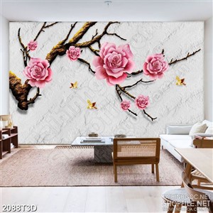 Tranh 3d dán tường đàn chim bên những bông hoa hồng