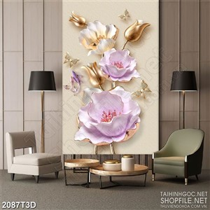 Tranh 3d nghệ thuật bông hoa dáp vàng và kim cương