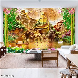 Tranh 3d  trang trí những bông mộc lan bên ngôi chùa