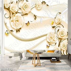 Tranh 3d  trang trí những bông hoa hồng bên đàn bướm