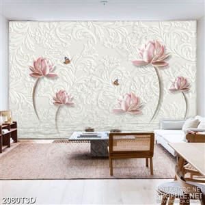 Tranh 3d dán tường đàn bướm bên những bông hoa sen