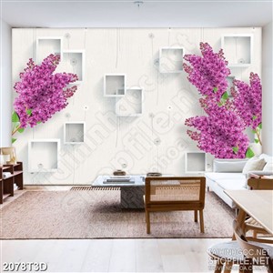 Tranh 3d treo tường bông hoa nhí tím trên nền ô vuông