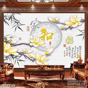 Tranh 3d  trang trí những bông hoa mộc lan vàng tỏa sáng