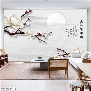 Tranh 3d dán tường những bông hoa mẫu đơn bên trăng