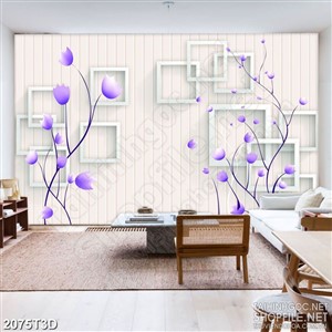 Tranh 3d nghệ thuật trang trí bức tường đầy hoa tím psd