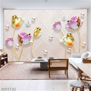 Tranh 3d treo tường vườn hoa tulip vàng và ngọc trai
