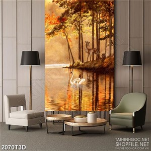 Tranh 3d treo tường chú huơu bên bờ hồ thiên nga trắng