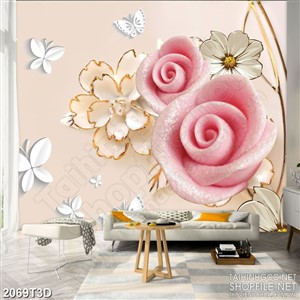 Tranh 3d  trang trí bông hoa hồng nhung và đàn bướm