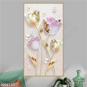 Tranh 3d dán tường bông hoa tím dáp vàng bên ngọc trai