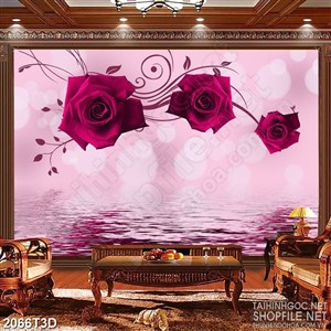 Tranh 3d treo tường bông hoa hồng trên mặt nước trong