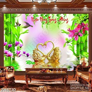 Tranh 3d  trang trí những bông hoa mộc lan bên hồ nước