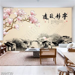 Tranh 3d dán tường cành hoa mộc lan sau ngôi làng nhỏ
