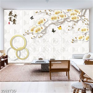 Tranh 3d treo tường cành hoa anh đào bên đàn bướm