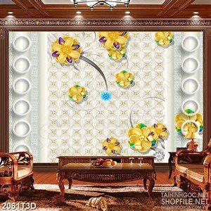 Tranh 3d  trang trí bông hoa vàng trên nền hoa văn psd