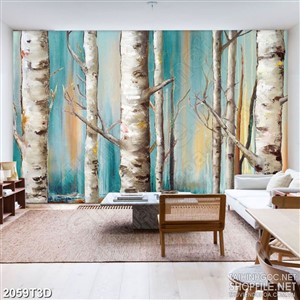 Tranh 3d nghệ thuật cánh rừng thân cây trọc lá về đêm