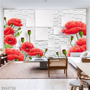 Tranh 3d treo tường vườn cẩm chướng hoa đỏ khoe sắc