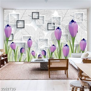 Tranh 3d dán tường đồng hoa tím bên những ô vuông