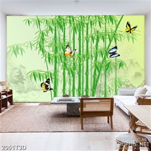 Tranh 3d nghệ thuật hàng tre xanh bên đàn bướm xinh