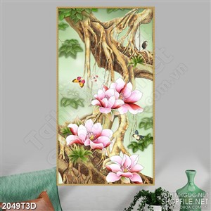 Tranh 3d treo tường cành mộc lan trắng bên thân cây