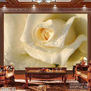 Tranh 3d treo tường cánh hoa hồng vàng bên giọt sương