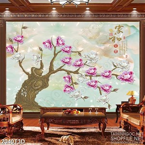 Tranh 3d treo tường cây hoa mẫu đơn bên sông giả ngọc