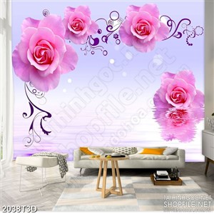 Tranh 3d dán tường  bông hoa hồng nhung bay trong gió