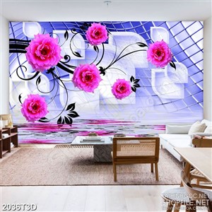 Tranh 3d treo tường bông hoa hồng trên dòng sông