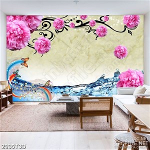 Tranh 3d  trang trí những bông hoa mẫu đơn trên sông