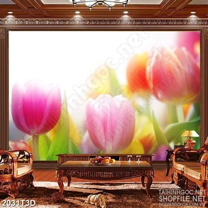 Tranh 3d  trang trí vườn hoa tulip nhiều màu sắc sặc sỡ