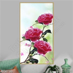 Tranh 3d dán tường cành hoa hồng nhung bên hoa nhí hồng