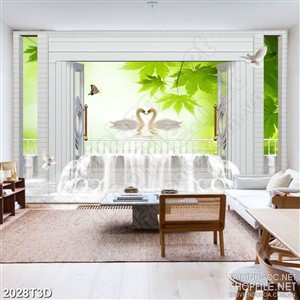 Tranh 3d treo tường đôi thiên nga dưới tán lá xanh psd