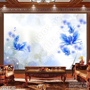 Tranh 3d nghệ thuật bông hoa trong suốt màu xanh lam