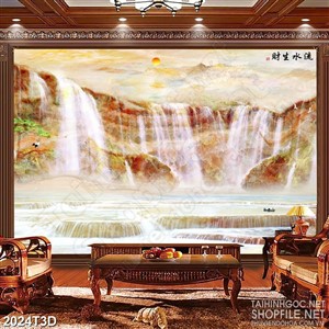 Tranh 3d treo tường người lái đò bên con thác lớn psd