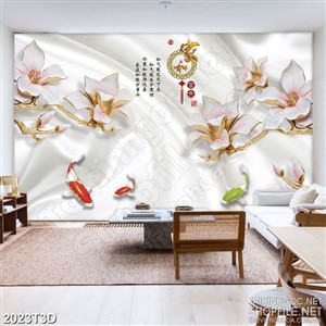 Tranh 3d  trang trí hoa mộc lan giả ngọc bên hhò cá koi