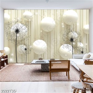 Tranh 3d dán tường hoa bồ công anh bên quả cầu trắng