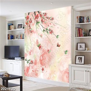 Tranh 3d nghệ thuật cành hoa đào trên nền loang màu