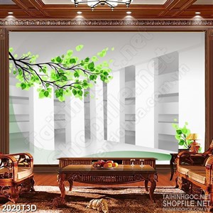 Tranh 3d treo tường tán lá cây xanh trên mặt hồ nước