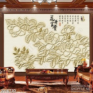 Tranh 3d treo tường nhành hoa mẫu đơn bên chữ hán psd
