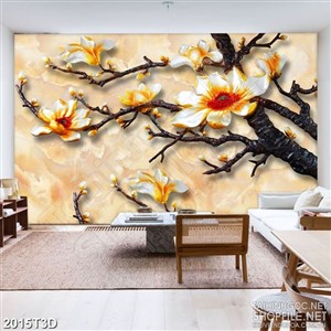 Tranh 3d  trang trí cành hoa mộc lan trên nền giả ngọc