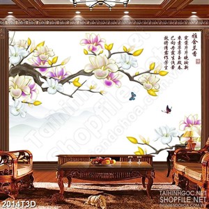 Tranh 3d dán tường đàn bướm bay lượn bên hoa mộc lan