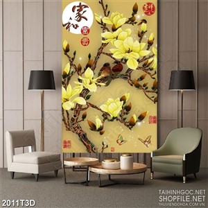 Tranh 3d  trang trí cành hoa vàng bên ánh trăng soi sáng