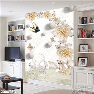 Tranh 3d treo tường chim én và bướm xinh bên bông hoa