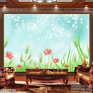 Tranh 3d  trang trí cánh đồng cỏ xanh và hoa đỏ khoe sắc