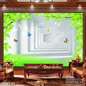 Tranh 3d dán tường đàn bướm xinh bên những tán lá