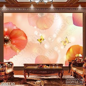 Tranh 3d nghệ thuật những bông hoa phù du bên đàn bướm